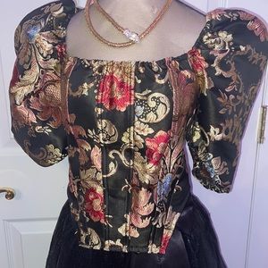 zip back puff sleeve floral jacquard top